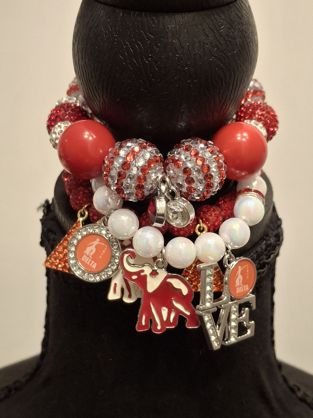 Red and White Beaded Charm Bracelet Set with Elephant and LOVE Charms